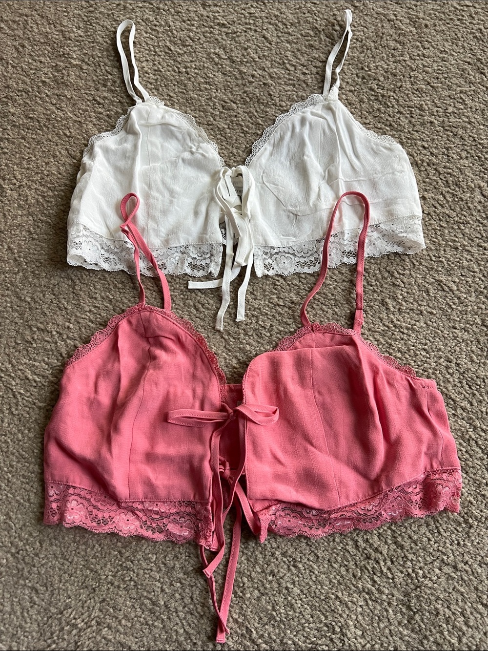 Love Tree Lace-Trim Front Tie Bralettes Cami Tank - White & Pink 2pc Set Small